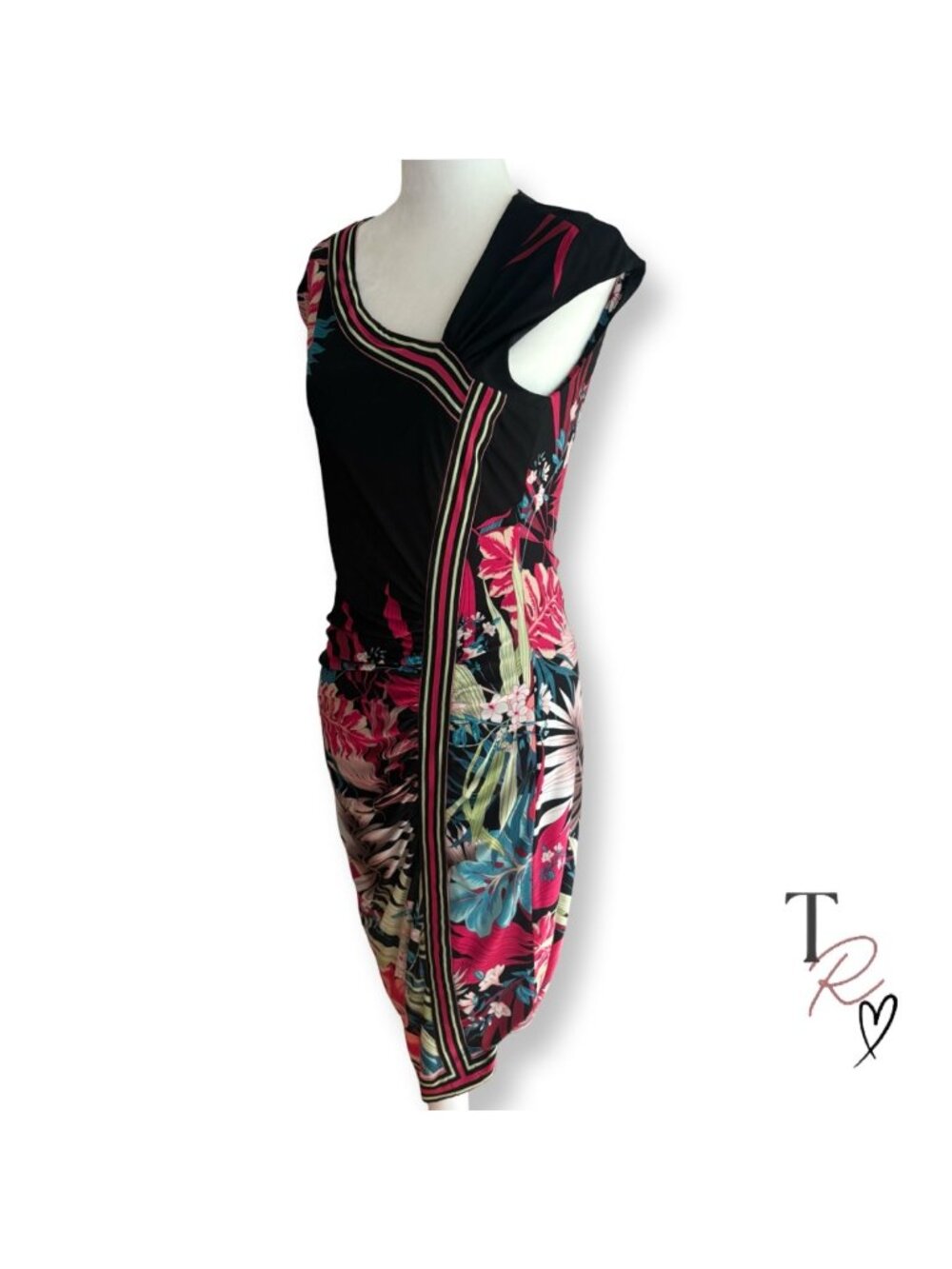 Cache Y2K Tropical Floral Faux Wrap Sheath Cocktail Dress Black Pink Size 10